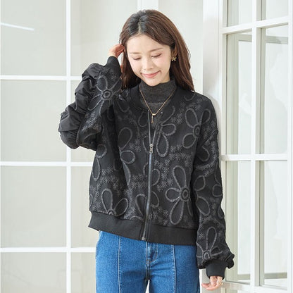ジャケット ブルゾン ふくれジャガード 花柄 異素材 ギャザー袖 すっきり 秋冬 M L