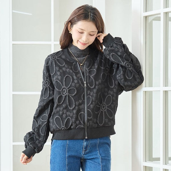 ジャケット ブルゾン ふくれジャガード 花柄 異素材 ギャザー袖 すっきり 秋冬 M L