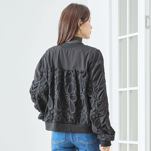 ジャケット ブルゾン ふくれジャガード 花柄 異素材 ギャザー袖 すっきり 秋冬 M L