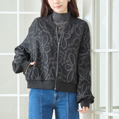ジャケット ブルゾン ふくれジャガード 花柄 異素材 ギャザー袖 すっきり 秋冬 M L