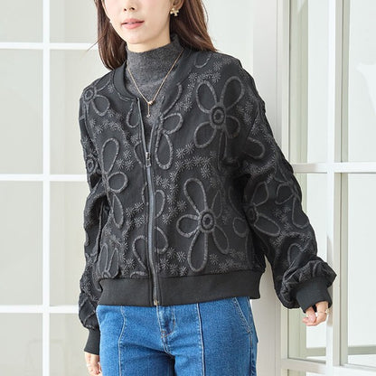 ジャケット ブルゾン ふくれジャガード 花柄 異素材 ギャザー袖 すっきり 秋冬 M L