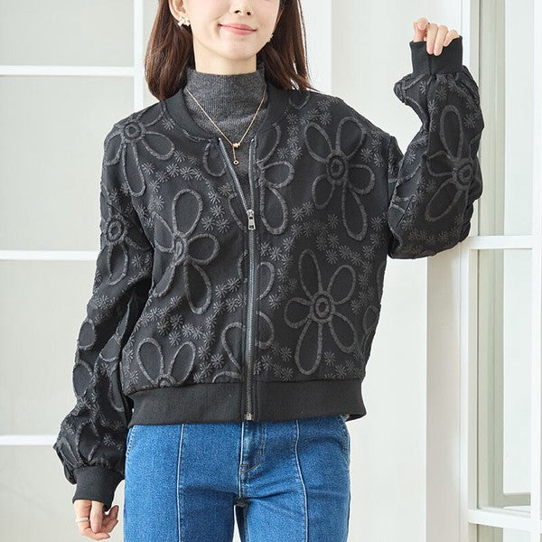 ジャケット ブルゾン ふくれジャガード 花柄 異素材 ギャザー袖 すっきり 秋冬 M L