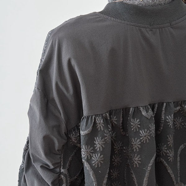 ジャケット ブルゾン ふくれジャガード 花柄 異素材 ギャザー袖 すっきり 秋冬 M L