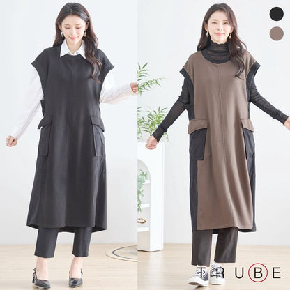 ワンピース ノースリーブ 異素材切替 ロング Aライン ゆったり 体型カバー 秋冬 M L