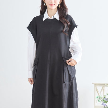 ワンピース ノースリーブ 異素材切替 ロング Aライン ゆったり 体型カバー 秋冬 M L