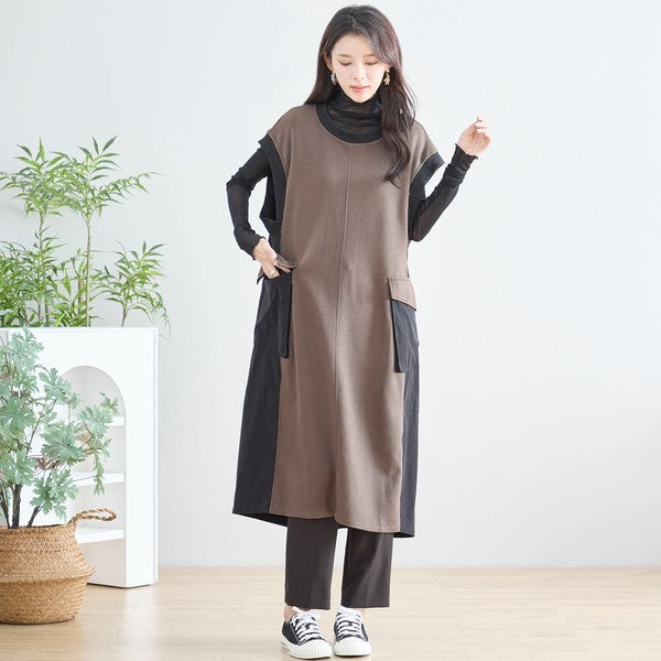 ワンピース ノースリーブ 異素材切替 ロング Aライン ゆったり 体型カバー 秋冬 M L