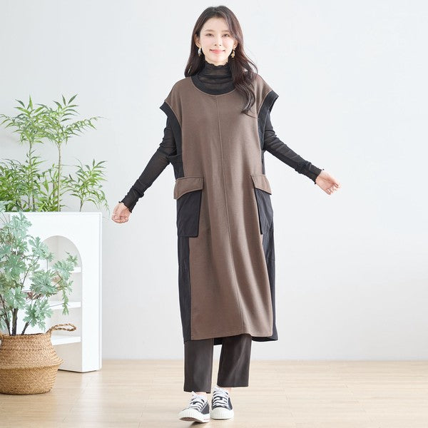 ワンピース ノースリーブ 異素材切替 ロング Aライン ゆったり 体型カバー 秋冬 M L