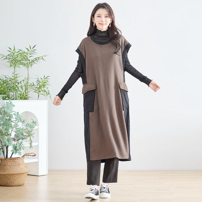 ワンピース ノースリーブ 異素材切替 ロング Aライン ゆったり 体型カバー 秋冬 M L