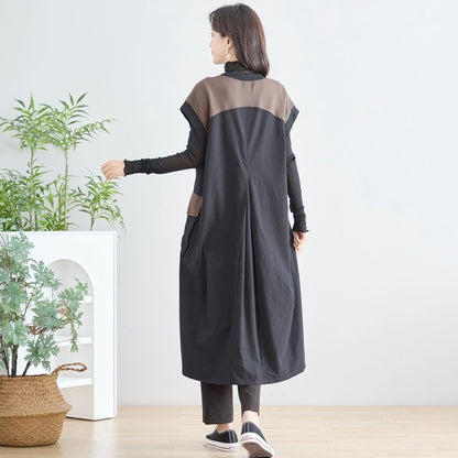 ワンピース ノースリーブ 異素材切替 ロング Aライン ゆったり 体型カバー 秋冬 M L