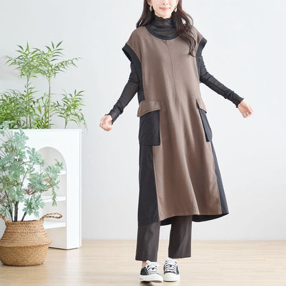 ワンピース ノースリーブ 異素材切替 ロング Aライン ゆったり 体型カバー 秋冬 M L