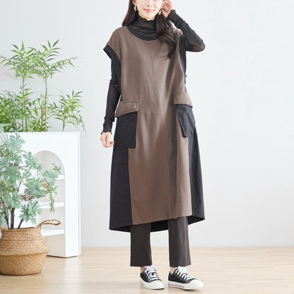 ワンピース ノースリーブ 異素材切替 ロング Aライン ゆったり 体型カバー 秋冬 M L