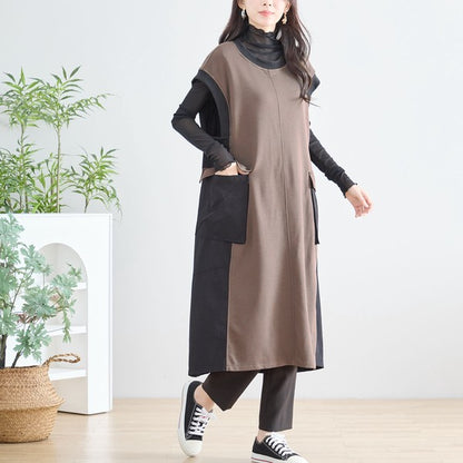 ワンピース ノースリーブ 異素材切替 ロング Aライン ゆったり 体型カバー 秋冬 M L