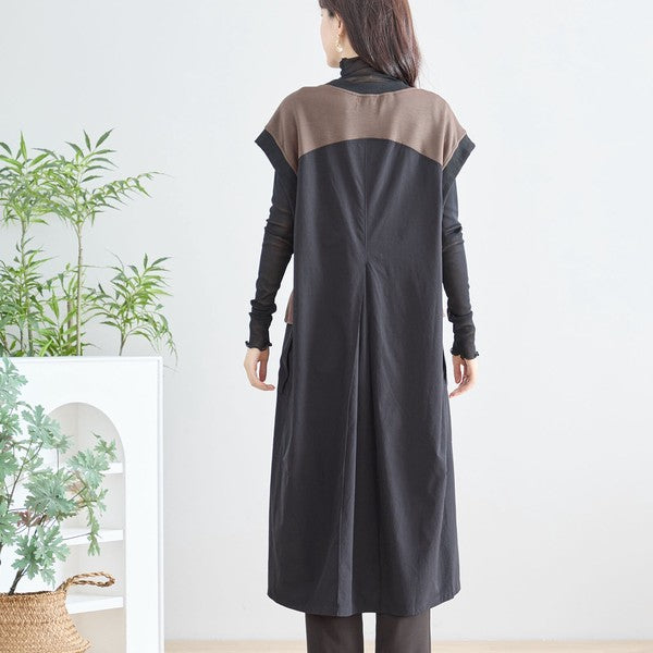 ワンピース ノースリーブ 異素材切替 ロング Aライン ゆったり 体型カバー 秋冬 M L