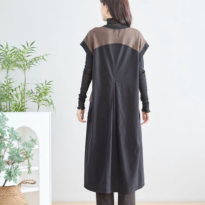 ワンピース ノースリーブ 異素材切替 ロング Aライン ゆったり 体型カバー 秋冬 M L