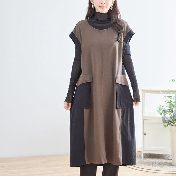 ワンピース ノースリーブ 異素材切替 ロング Aライン ゆったり 体型カバー 秋冬 M L