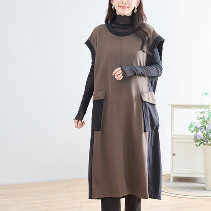 ワンピース ノースリーブ 異素材切替 ロング Aライン ゆったり 体型カバー 秋冬 M L