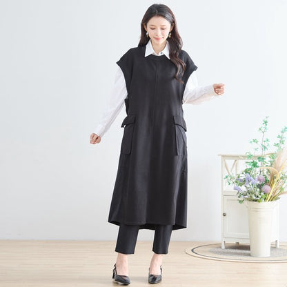 ワンピース ノースリーブ 異素材切替 ロング Aライン ゆったり 体型カバー 秋冬 M L