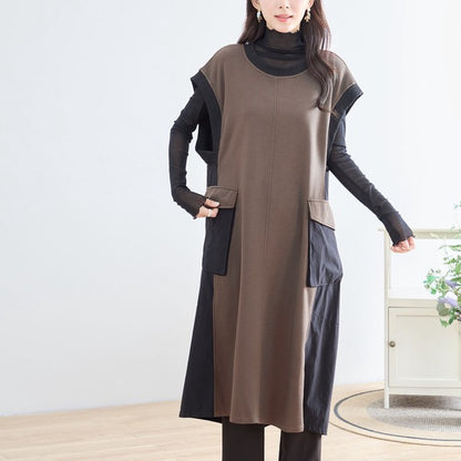 ワンピース ノースリーブ 異素材切替 ロング Aライン ゆったり 体型カバー 秋冬 M L