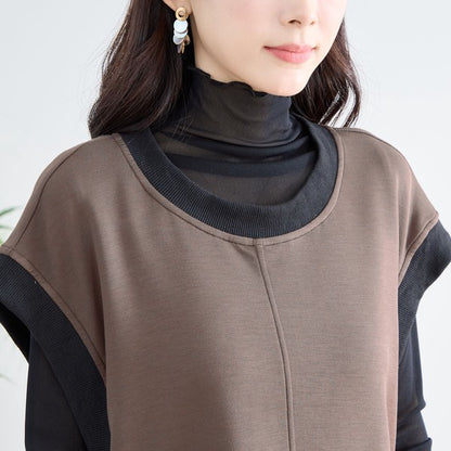 ワンピース ノースリーブ 異素材切替 ロング Aライン ゆったり 体型カバー 秋冬 M L