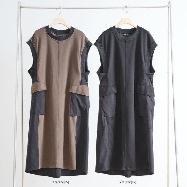 ワンピース ノースリーブ 異素材切替 ロング Aライン ゆったり 体型カバー 秋冬 M L