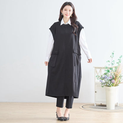 ワンピース ノースリーブ 異素材切替 ロング Aライン ゆったり 体型カバー 秋冬 M L