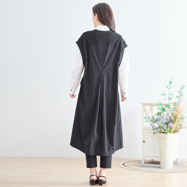ワンピース ノースリーブ 異素材切替 ロング Aライン ゆったり 体型カバー 秋冬 M L