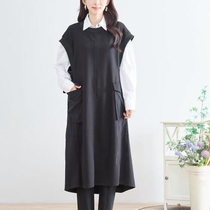 ワンピース ノースリーブ 異素材切替 ロング Aライン ゆったり 体型カバー 秋冬 M L