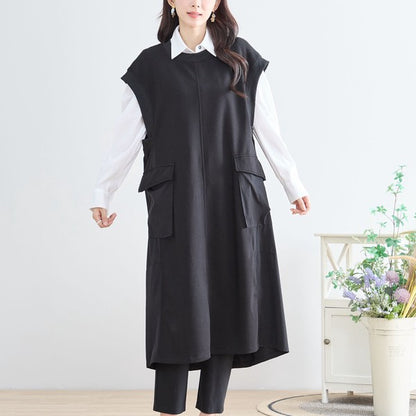 ワンピース ノースリーブ 異素材切替 ロング Aライン ゆったり 体型カバー 秋冬 M L
