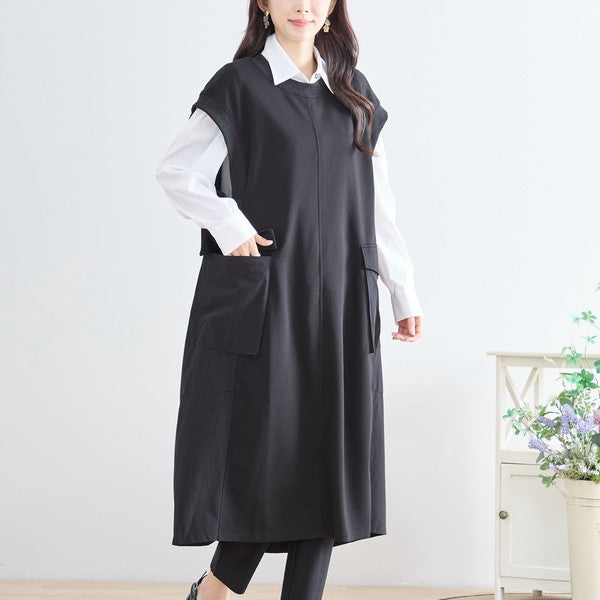 ワンピース ノースリーブ 異素材切替 ロング Aライン ゆったり 体型カバー 秋冬 M L