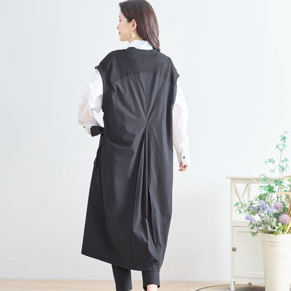 ワンピース ノースリーブ 異素材切替 ロング Aライン ゆったり 体型カバー 秋冬 M L
