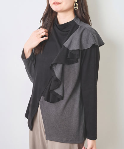 プルオーバー カットソー 異素材 切替 アシンメトリー ゆったり 体型カバー 秋 冬 M L