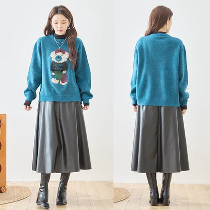 トップス ニット プルオーバー クマモチーフ ゆったり 体型カバー 秋 冬 M L