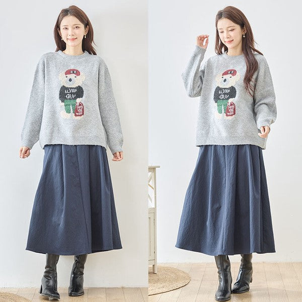 トップス ニット プルオーバー クマモチーフ ゆったり 体型カバー 秋 冬 M L