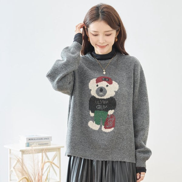 トップス ニット プルオーバー クマモチーフ ゆったり 体型カバー 秋 冬 M L