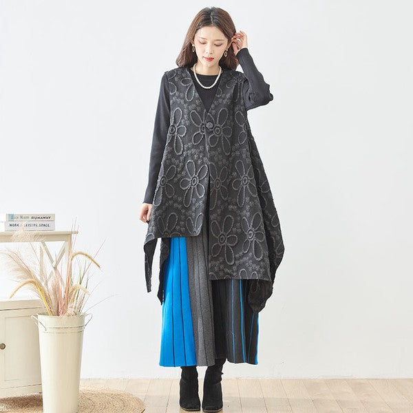 ベスト ロングベスト ふくれジャガード 花柄 アシンメトリー すっきり 秋冬 M L
