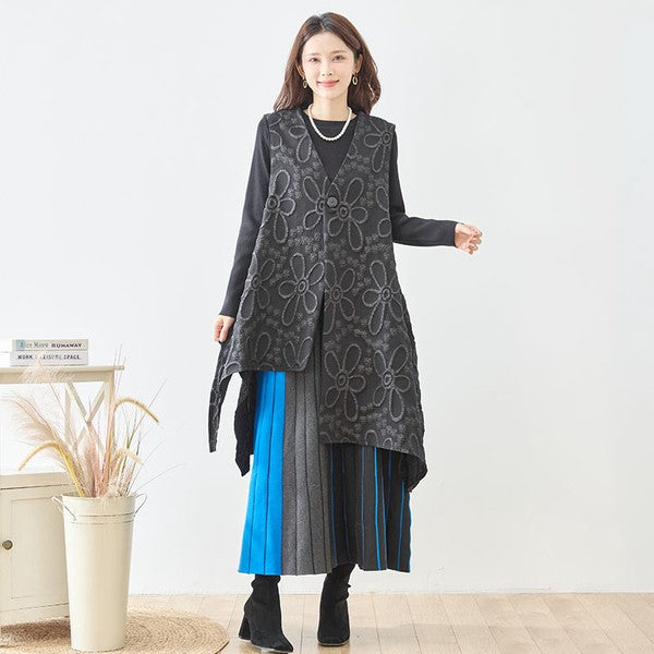 ベスト ロングベスト ふくれジャガード 花柄 アシンメトリー すっきり 秋冬 M L