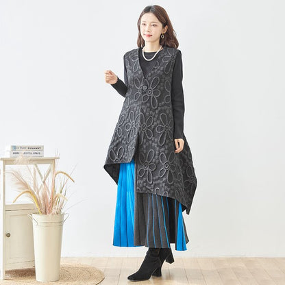 ベスト ロングベスト ふくれジャガード 花柄 アシンメトリー すっきり 秋冬 M L