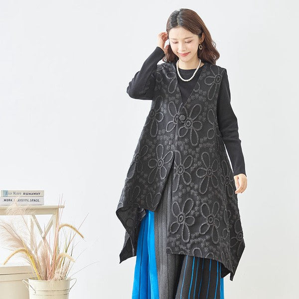 ベスト ロングベスト ふくれジャガード 花柄 アシンメトリー すっきり 秋冬 M L