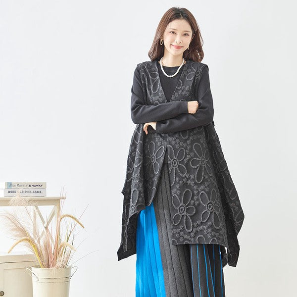ベスト ロングベスト ふくれジャガード 花柄 アシンメトリー すっきり 秋冬 M L