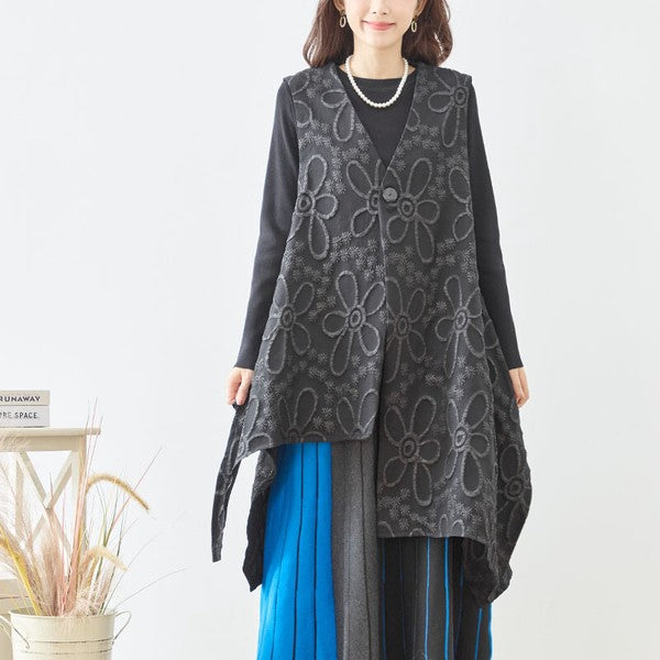 ベスト ロングベスト ふくれジャガード 花柄 アシンメトリー すっきり 秋冬 M L