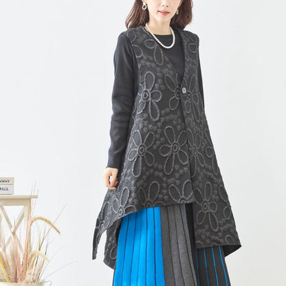 ベスト ロングベスト ふくれジャガード 花柄 アシンメトリー すっきり 秋冬 M L