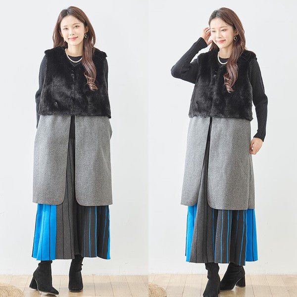 ベスト ロング ジレ アウター ファー 異素材 切替 ゆったり 体型カバー 秋 冬 M L