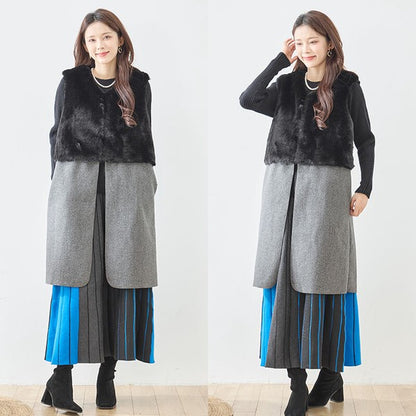 ベスト ロング ジレ アウター ファー 異素材 切替 ゆったり 体型カバー 秋 冬 M L