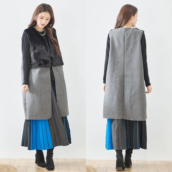 ベスト ロング ジレ アウター ファー 異素材 切替 ゆったり 体型カバー 秋 冬 M L