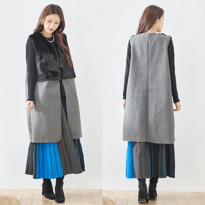 ベスト ロング ジレ アウター ファー 異素材 切替 ゆったり 体型カバー 秋 冬 M L