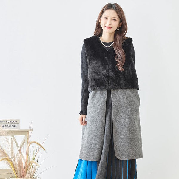 ベスト ロング ジレ アウター ファー 異素材 切替 ゆったり 体型カバー 秋 冬 M L
