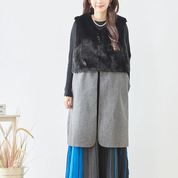 ベスト ロング ジレ アウター ファー 異素材 切替 ゆったり 体型カバー 秋 冬 M L