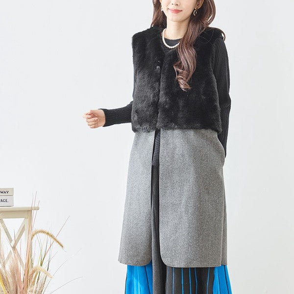 ベスト ロング ジレ アウター ファー 異素材 切替 ゆったり 体型カバー 秋 冬 M L