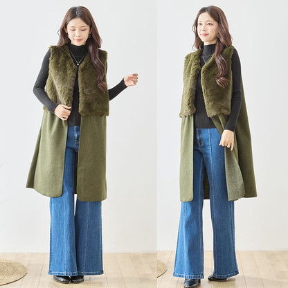 ベスト ロング ジレ アウター ファー 異素材 切替 ゆったり 体型カバー 秋 冬 M L