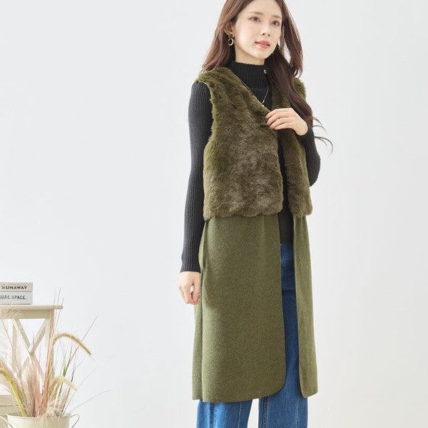 ベスト ロング ジレ アウター ファー 異素材 切替 ゆったり 体型カバー 秋 冬 M L